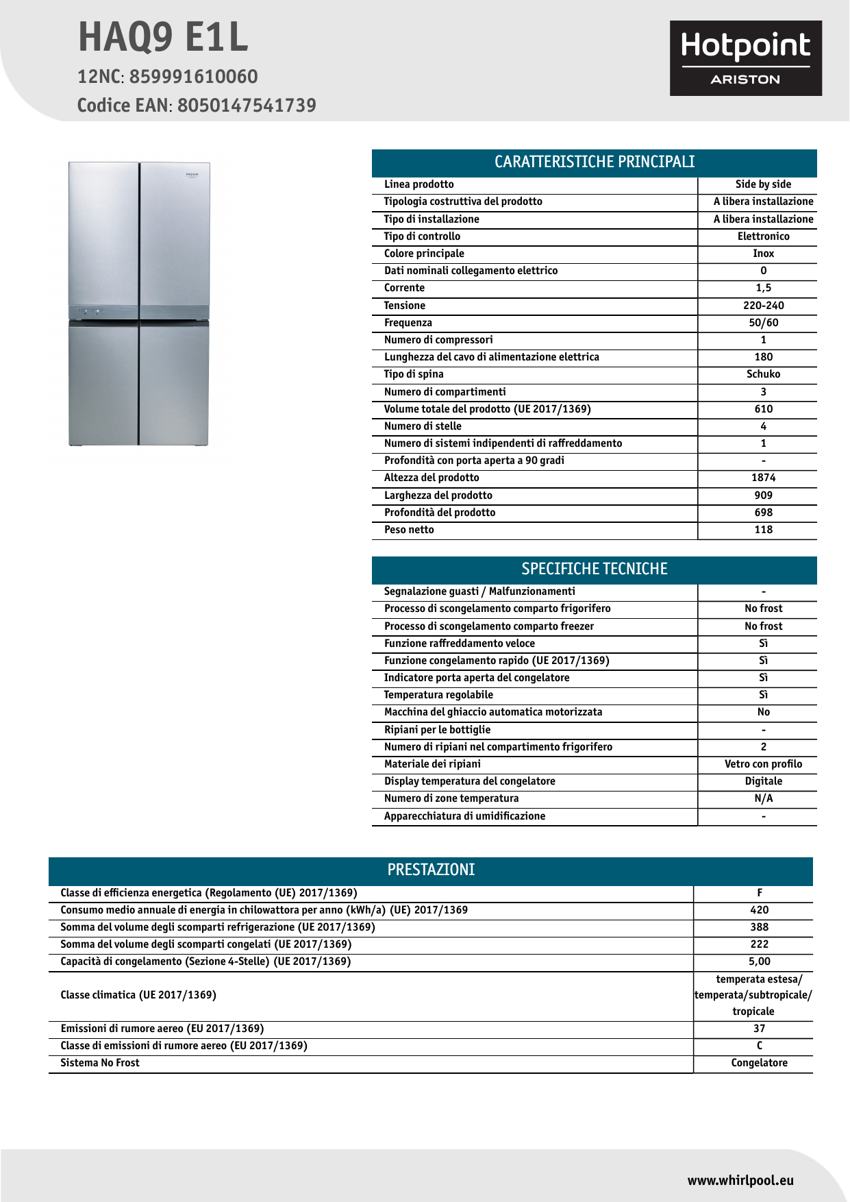HOTPOINT/ARISTON HAQ9 E1L Side-by-Side NEL Data Sheet | Manualzz