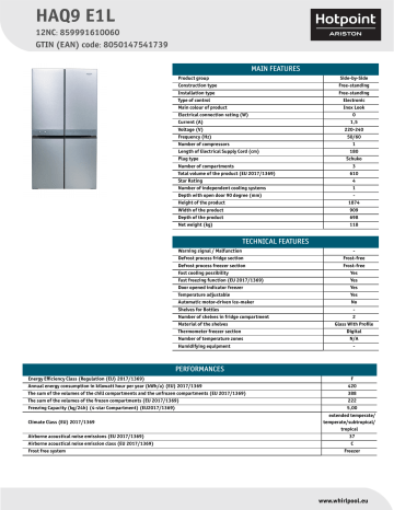 HOTPOINT/ARISTON HAQ9 E1L Side-by-Side NEL Data Sheet | Manualzz