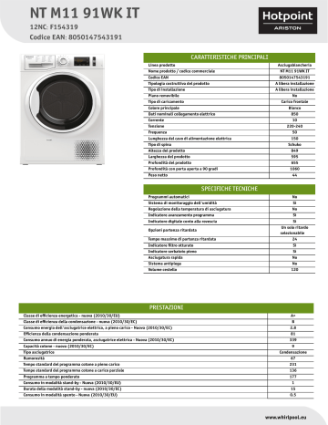 HOTPOINT/ARISTON NT M11 91WK IT Dryer Product Data Sheet | Manualzz