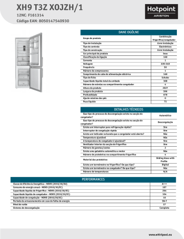 HOTPOINT/ARISTON XH9 T3Z XOJZH/1 Fridge/freezer combination Product Data Sheet | Manualzz