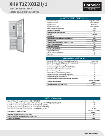 HOTPOINT/ARISTON XH9 T3Z XOJZH/1 Fridge/freezer combination NEL Data Sheet | Manualzz