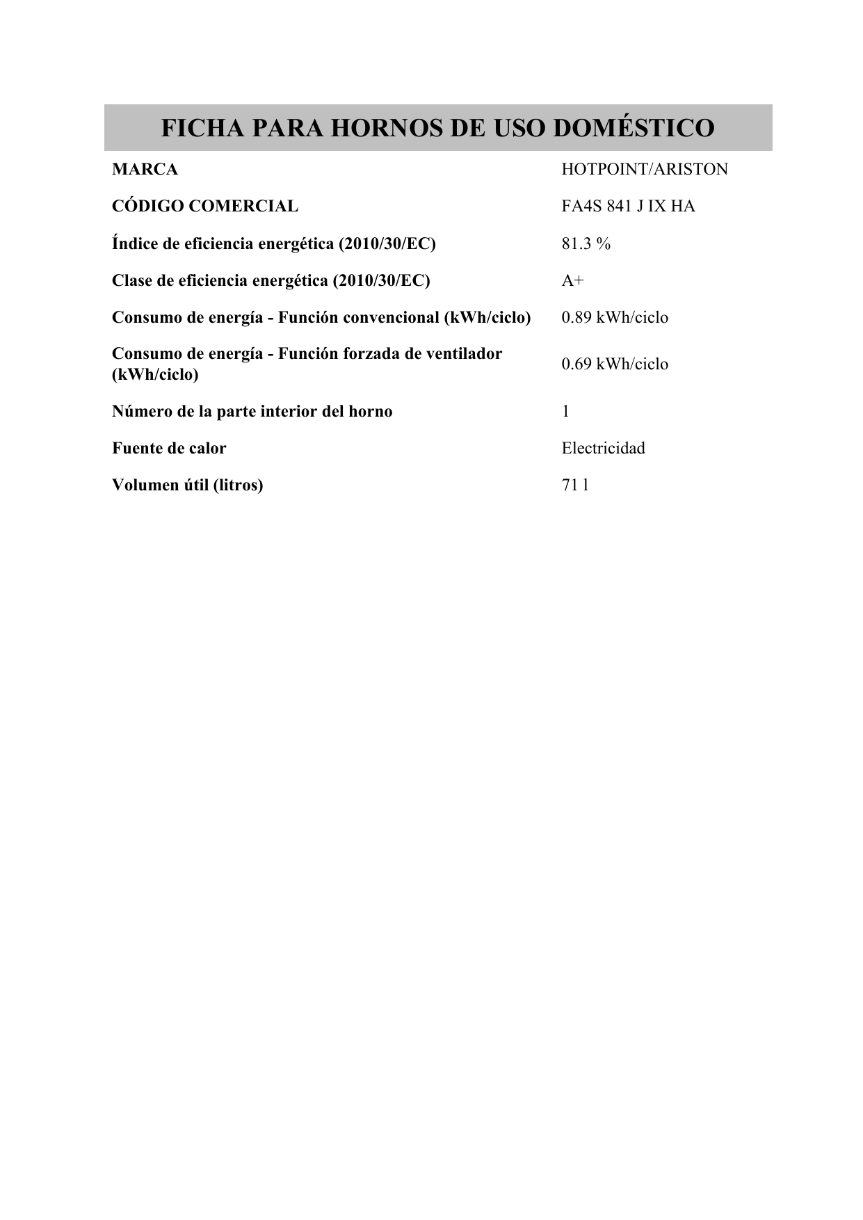 HOTPOINT/ARISTON FA4S 841 J IX HA Oven Product Fiche | Manualzz