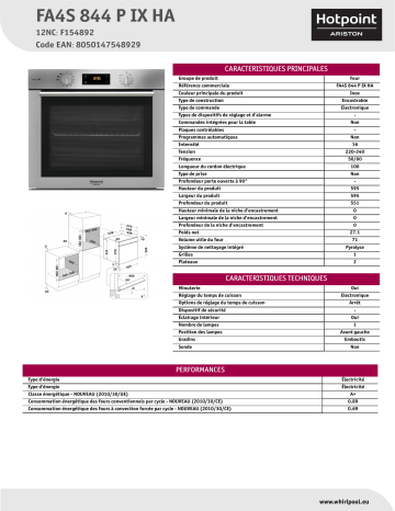 HOTPOINT/ARISTON FA4S 844 P IX HA Oven Product Data Sheet | Manualzz