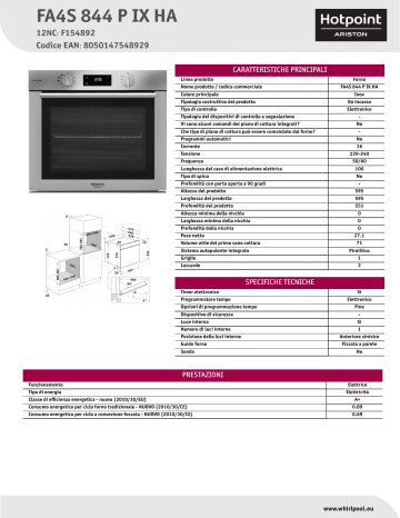 HOTPOINT/ARISTON FA4S 844 P IX HA Oven Product Data Sheet | Manualzz