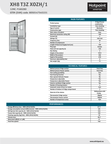 HOTPOINT/ARISTON XH8 T3Z XOZH/1 Fridge/freezer combination Product Data Sheet | Manualzz