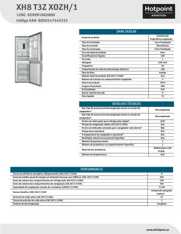 HOTPOINT/ARISTON XH8 T3Z XOZH/1 Fridge/freezer combination NEL Data Sheet | Manualzz