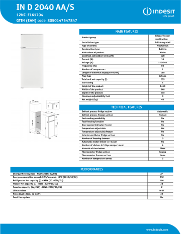 Indesit IN D 2040 AA/S Fridge/freezer combination Product Data Sheet |  Manualzz