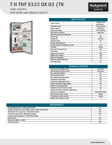 HOTPOINT/ARISTON T H TNF 9322 OX O3 (TK Fridge/freezer combination Product Data Sheet | Manualzz