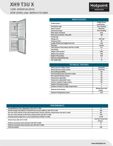 HOTPOINT/ARISTON XH9 T3U X Fridge/freezer combination NEL Data Sheet | Manualzz