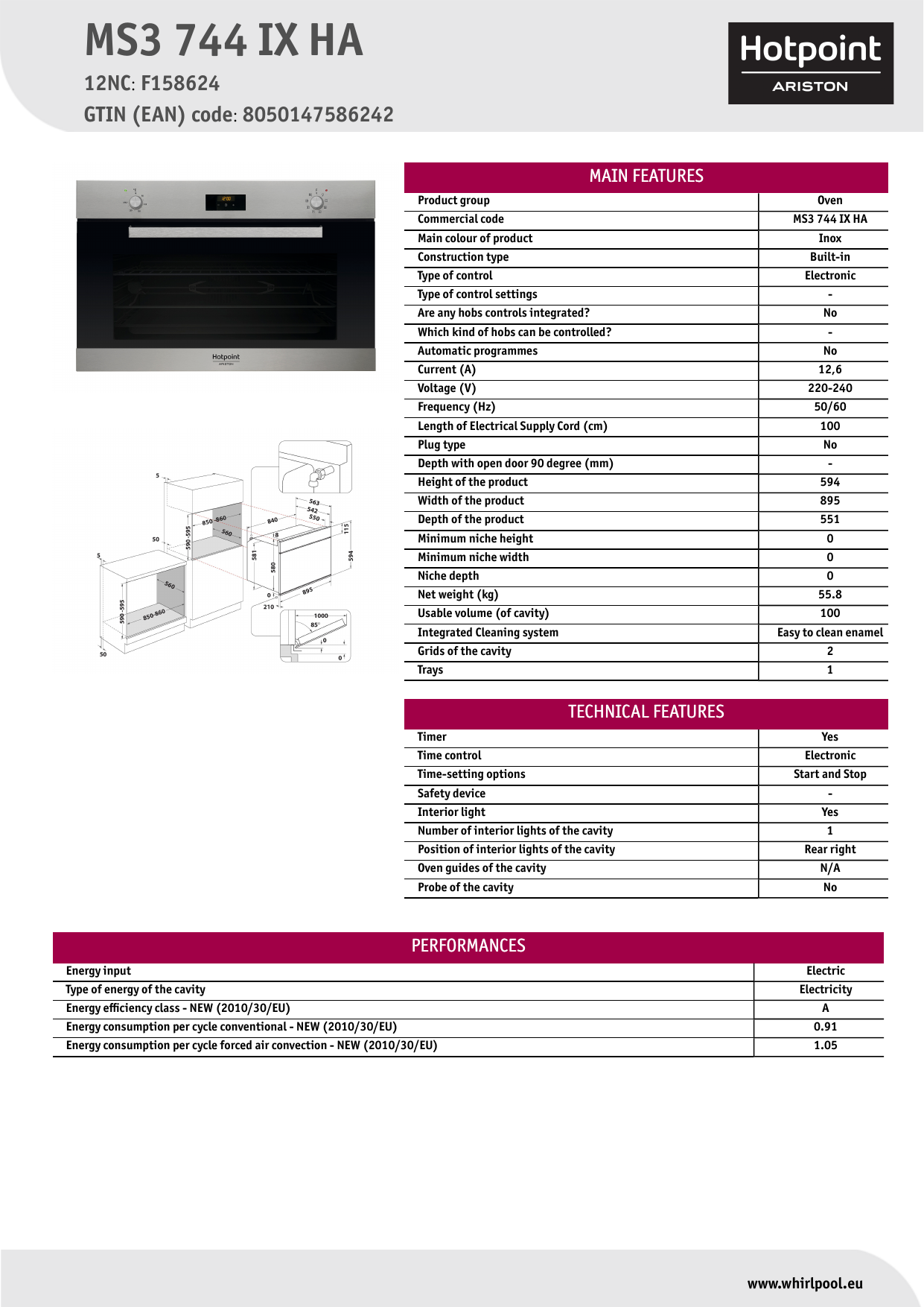 HOTPOINT/ARISTON MS3 744 IX HA Oven Product Data Sheet | Manualzz