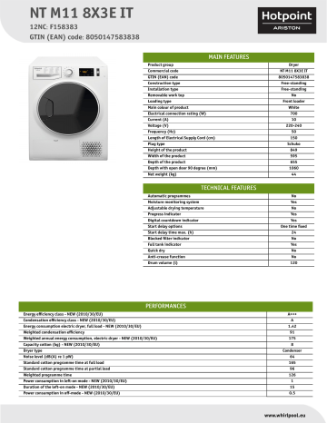 HOTPOINT/ARISTON NT M11 8X3E IT Dryer Product Data Sheet | Manualzz