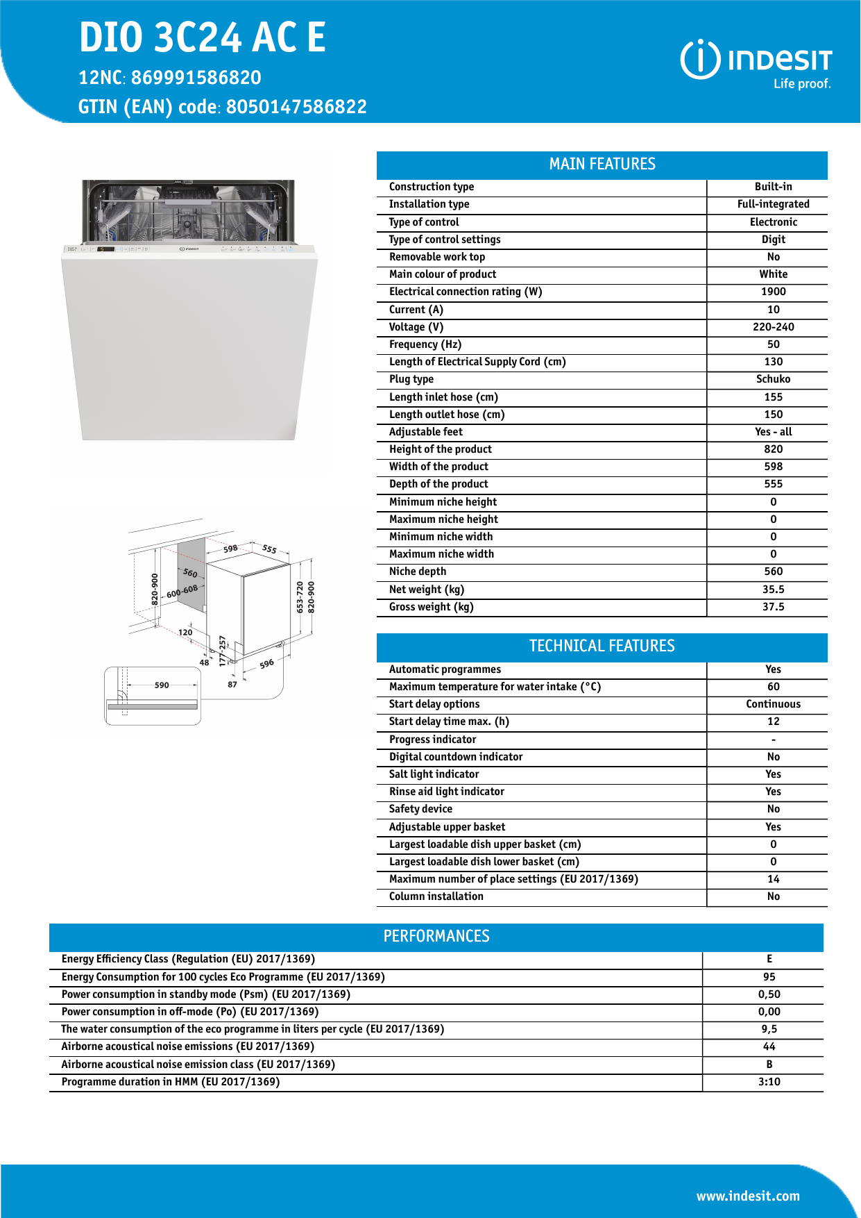 Indesit DIO 3C24 AC E Dishwasher NEL Data Sheet | Manualzz