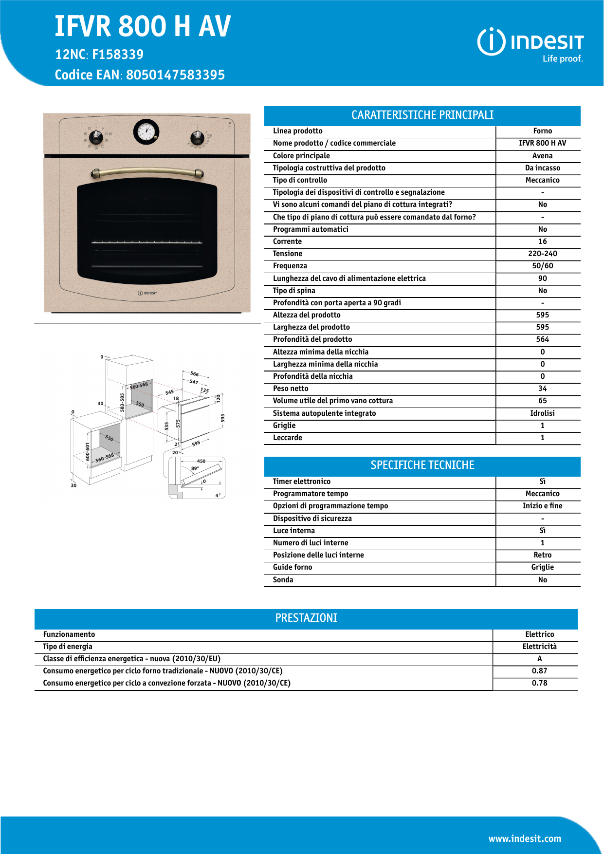 Indesit IFVR 800 H AV Oven Product Data Sheet | Manualzz