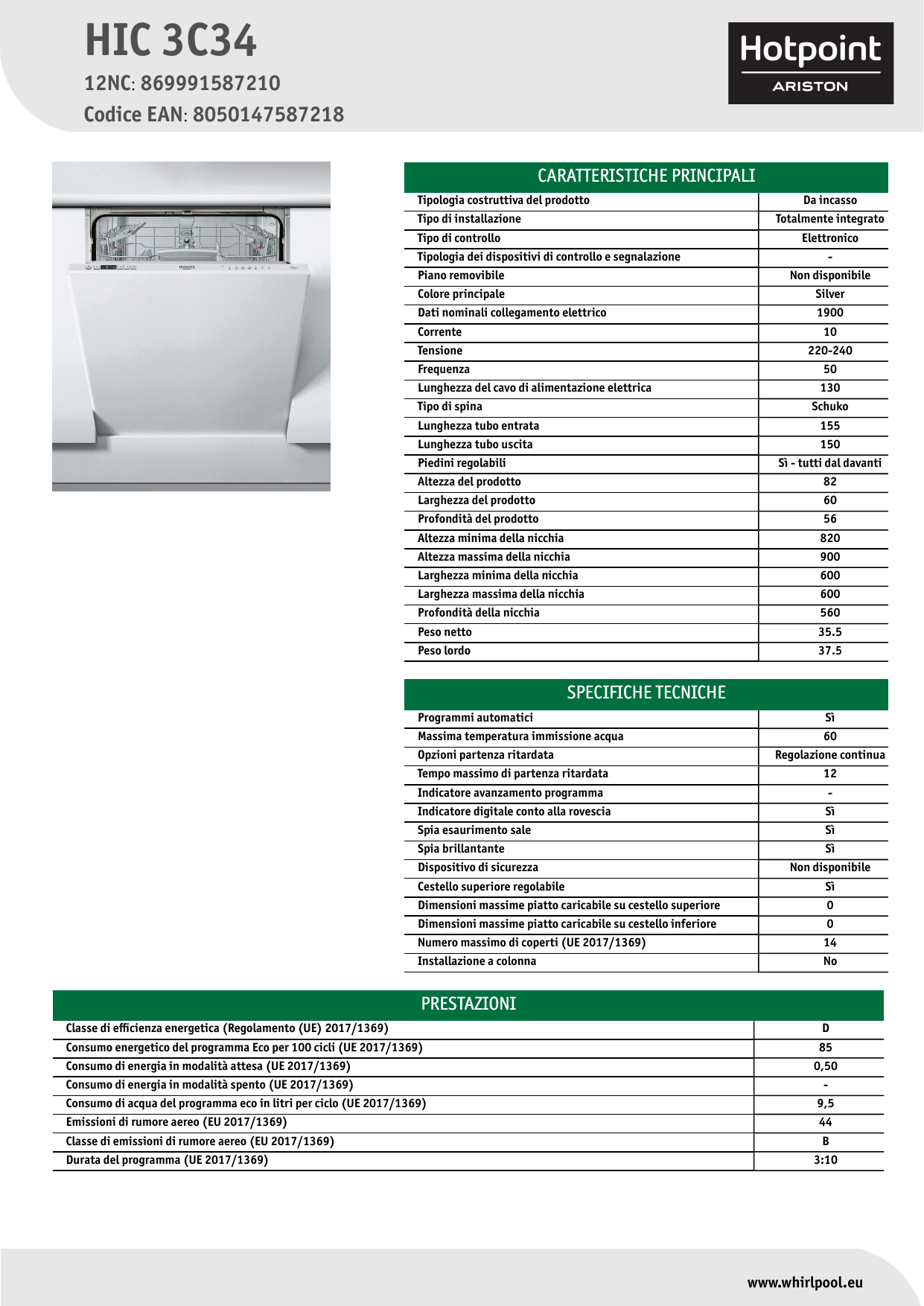HOTPOINT/ARISTON HIC 3C34 Dishwasher NEL Data Sheet | Manualzz