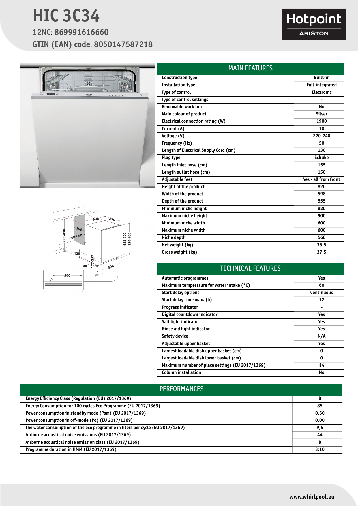 HOTPOINT/ARISTON HIC 3C34 Dishwasher NEL Data Sheet | Manualzz