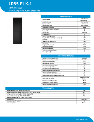 Indesit LD85 F1 K.1 Fridge/freezer combination Product Data Sheet | Manualzz