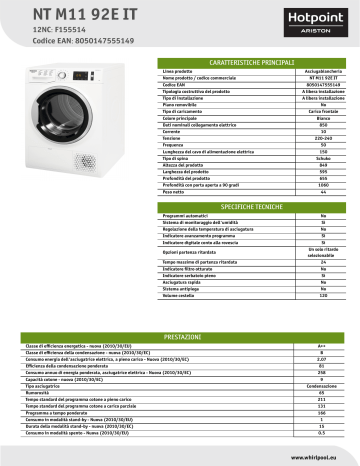 HOTPOINT/ARISTON NT M11 92E IT Dryer Product Data Sheet | Manualzz