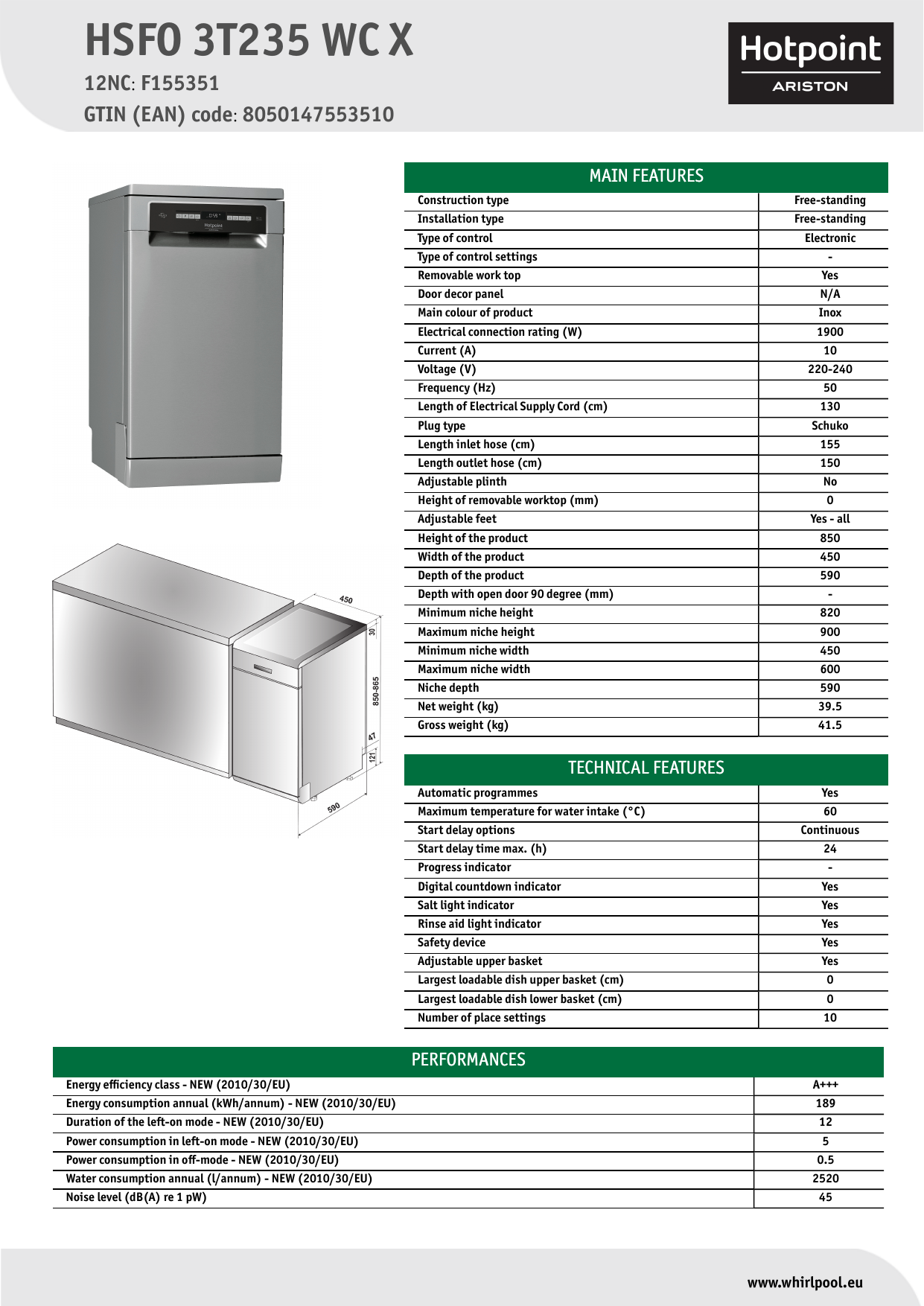 HOTPOINT/ARISTON HSFO 3T235 WC X Dishwasher Product Data Sheet | Manualzz