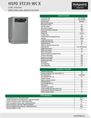 HOTPOINT/ARISTON HSFO 3T235 WC X Dishwasher Product Data Sheet | Manualzz