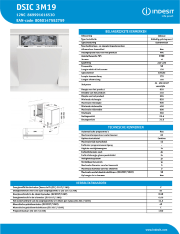Indesit DSIC 3M19 Dishwasher NEL Data Sheet | Manualzz