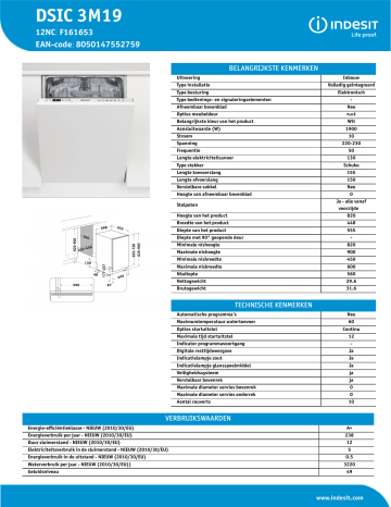 Indesit DSIC 3M19 Dishwasher Product Data Sheet | Manualzz