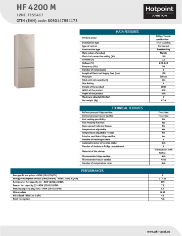 HOTPOINT/ARISTON HF 4200 M Fridge/freezer combination Product Data Sheet | Manualzz