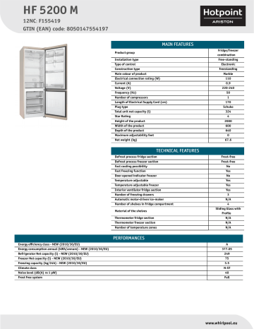 HOTPOINT/ARISTON HF 5200 M Fridge/freezer combination Product Data Sheet | Manualzz