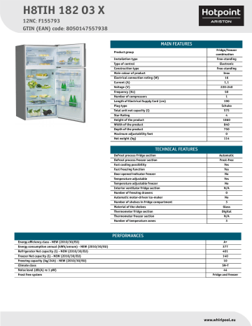 HOTPOINT/ARISTON H8TIH 182 O3 X Fridge/freezer combination Product Data Sheet | Manualzz
