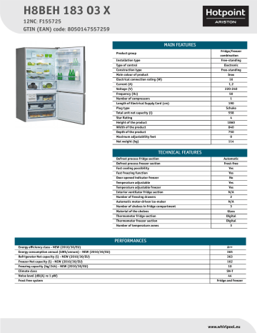 HOTPOINT/ARISTON H8BEH 183 O3 X Fridge/freezer combination Product Data Sheet | Manualzz