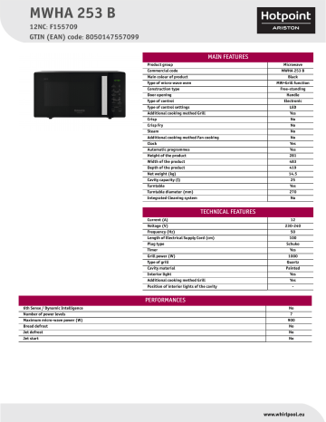 HOTPOINT/ARISTON MWHA 253 B Microwave Product Data Sheet | Manualzz
