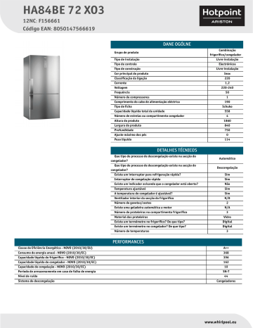 HOTPOINT/ARISTON HA84BE 72 XO3 Fridge/freezer combination Product Data Sheet | Manualzz