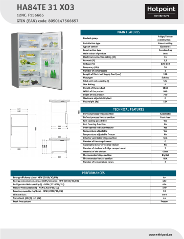 HOTPOINT/ARISTON HA84TE 31 XO3 Fridge/freezer combination Product Data Sheet | Manualzz