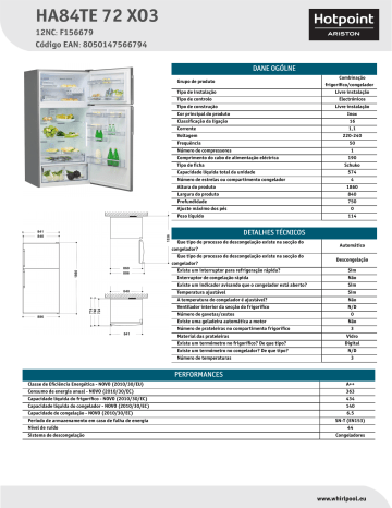 HOTPOINT/ARISTON HA84TE 72 XO3 Fridge/freezer combination Product Data Sheet | Manualzz