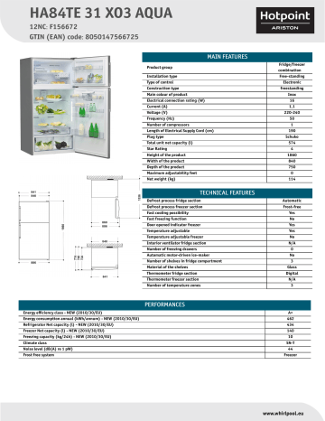 HOTPOINT/ARISTON HA84TE 31 XO3 AQUA Fridge/freezer combination Product Data Sheet | Manualzz