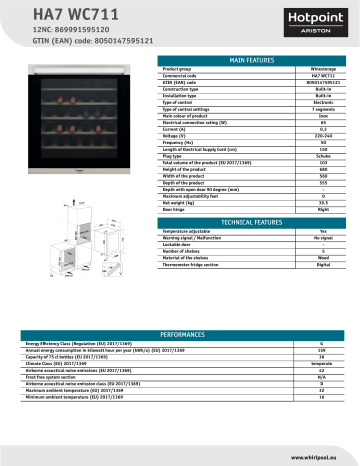 HOTPOINT/ARISTON HA7 WC711 Winestorage NEL Data Sheet | Manualzz