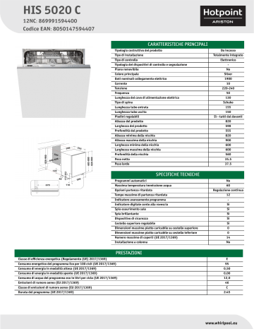 HOTPOINT/ARISTON HIS 5020 C Dishwasher NEL Data Sheet | Manualzz
