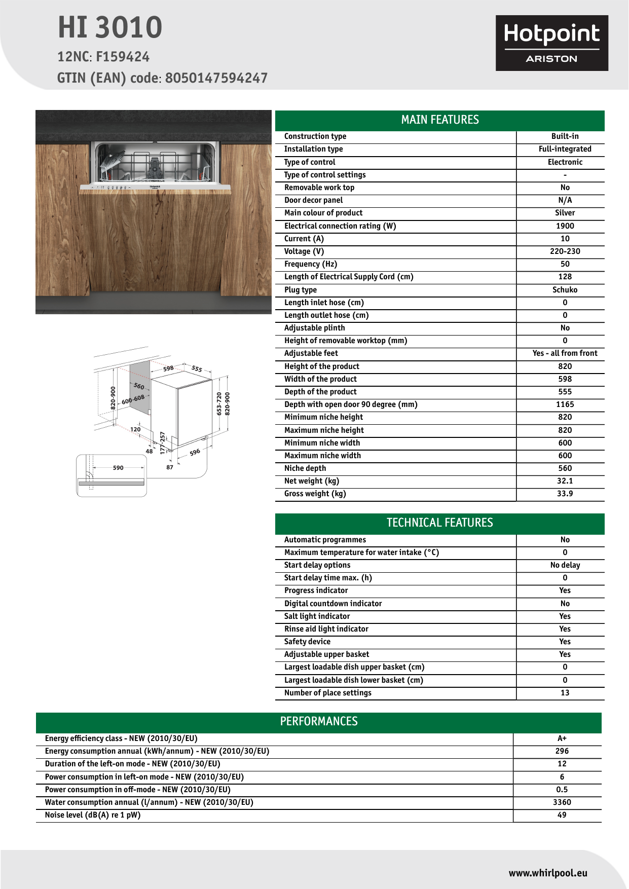 HOTPOINT/ARISTON HI 3010 Dishwasher Product Data Sheet | Manualzz