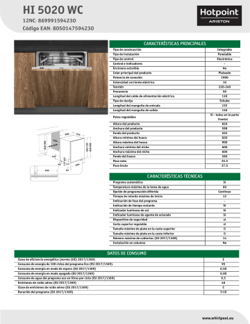 HOTPOINT/ARISTON HI 5020 WC Dishwasher NEL Data Sheet | Manualzz