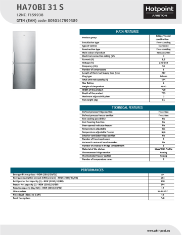 HOTPOINT/ARISTON HA70BI 31 S Fridge/freezer combination Product Data Sheet | Manualzz