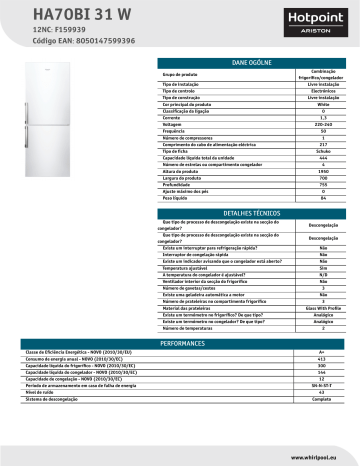 HOTPOINT/ARISTON HA70BI 31 W Fridge/freezer combination Product Data Sheet | Manualzz