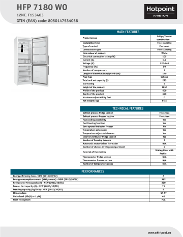 HOTPOINT/ARISTON HFP 7180 WO Fridge/freezer combination Product Data Sheet | Manualzz