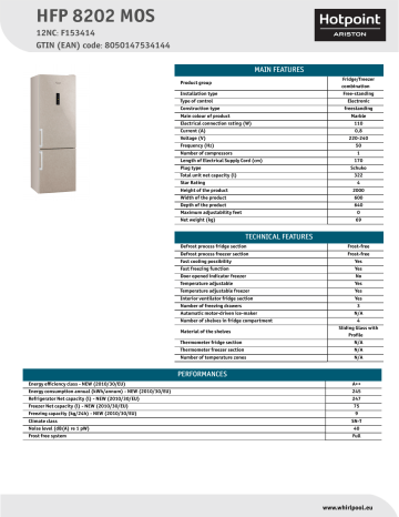HOTPOINT/ARISTON HFP 8202 MOS Fridge/freezer combination Product Data Sheet | Manualzz