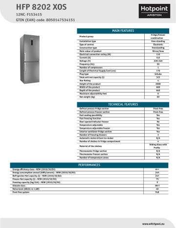 HOTPOINT/ARISTON HFP 8202 XOS Fridge/freezer combination Product Data Sheet | Manualzz
