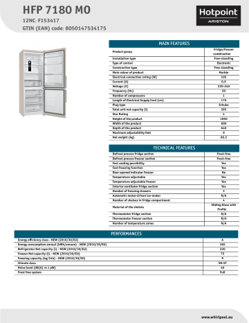 HOTPOINT/ARISTON HFP 7180 MO Fridge/freezer combination Product Data Sheet | Manualzz