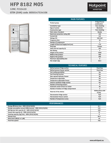 HOTPOINT/ARISTON HFP 8182 MOS Fridge/freezer combination Product Data Sheet | Manualzz