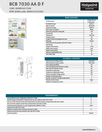 HOTPOINT/ARISTON BCB 7030 AA D F Fridge/freezer combination NEL Data Sheet | Manualzz