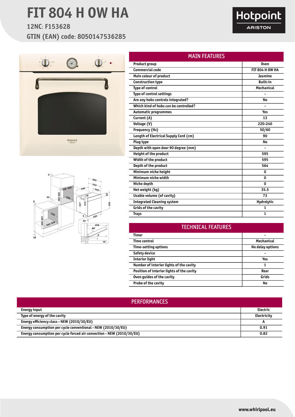 HOTPOINT/ARISTON FIT 804 H OW HA Oven Product Data Sheet | Manualzz