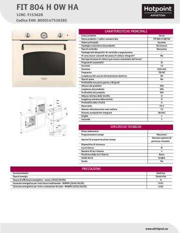 HOTPOINT/ARISTON FIT 804 H OW HA Oven Product Data Sheet | Manualzz