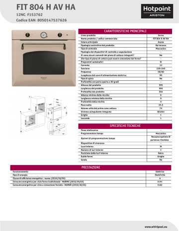 Hotpoint Ariston Fit H Av Ha Oven Product Data Sheet Manualzz