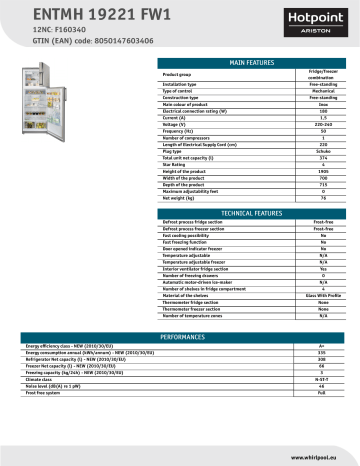 HOTPOINT/ARISTON ENTMH 19221 FW1 Fridge/freezer combination Product Data Sheet | Manualzz